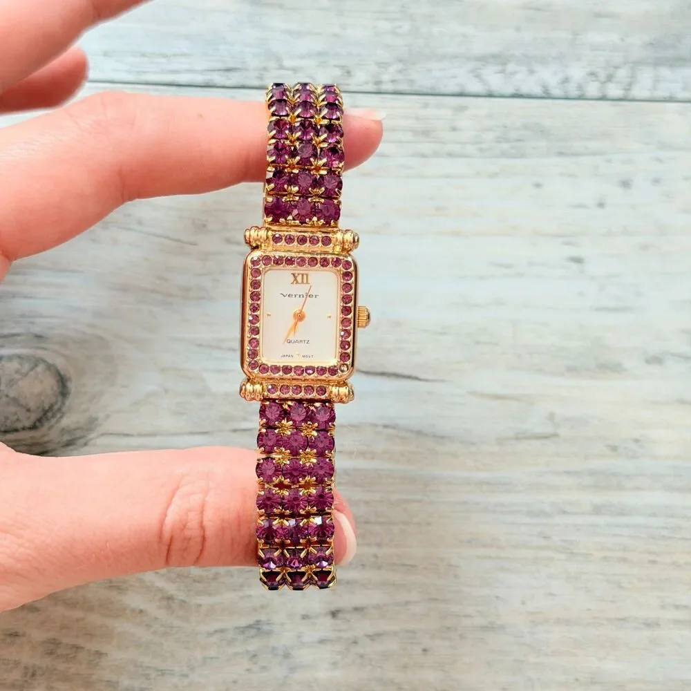 Vintage Vernier Purple Rhinestone Gold Bracelet Watch Y2K Glam Crystal Jewelry